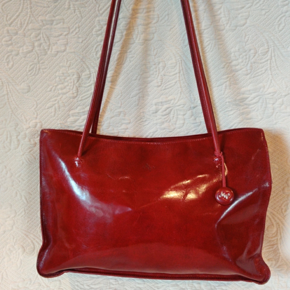 Monsac Red Genuine Leather Zip Top Shoulder Bag Dark Red Vintage